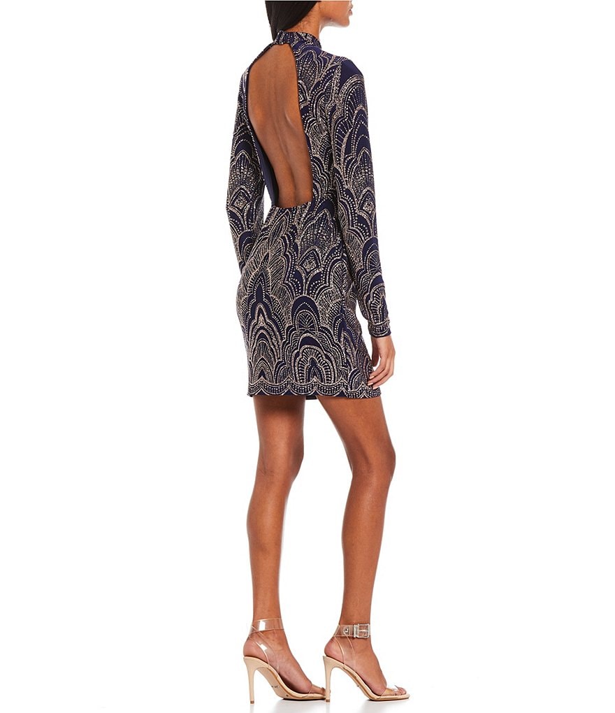 Jump Long-Sleeve Mockneck Glitter-Accented Slinky Sheath Dress