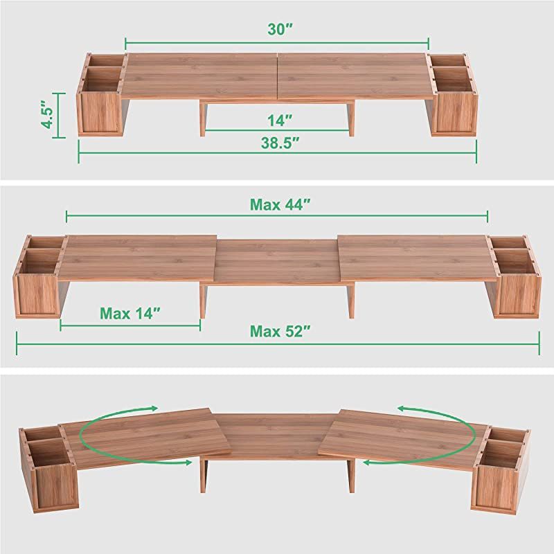 Large 3 Shelf Monitor Stand Riser with Adjustable Length Angle Storage OrganizerBamboo