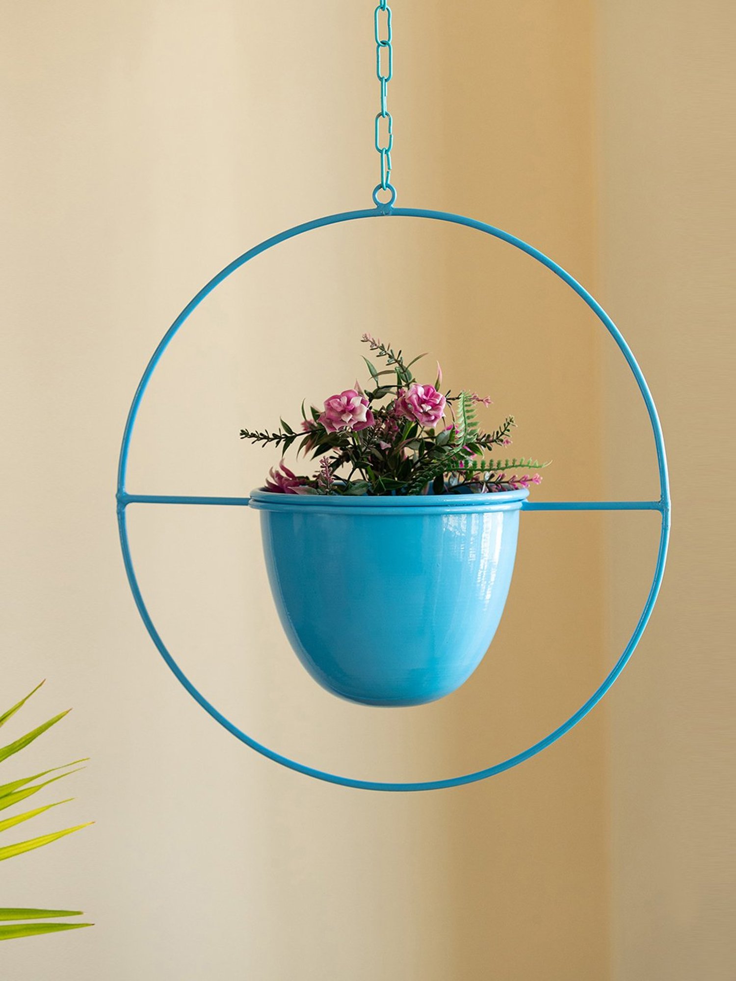 ExclusiveLane Blue Bliss Sky Blue Iron Hanging Planter Pot With Holder