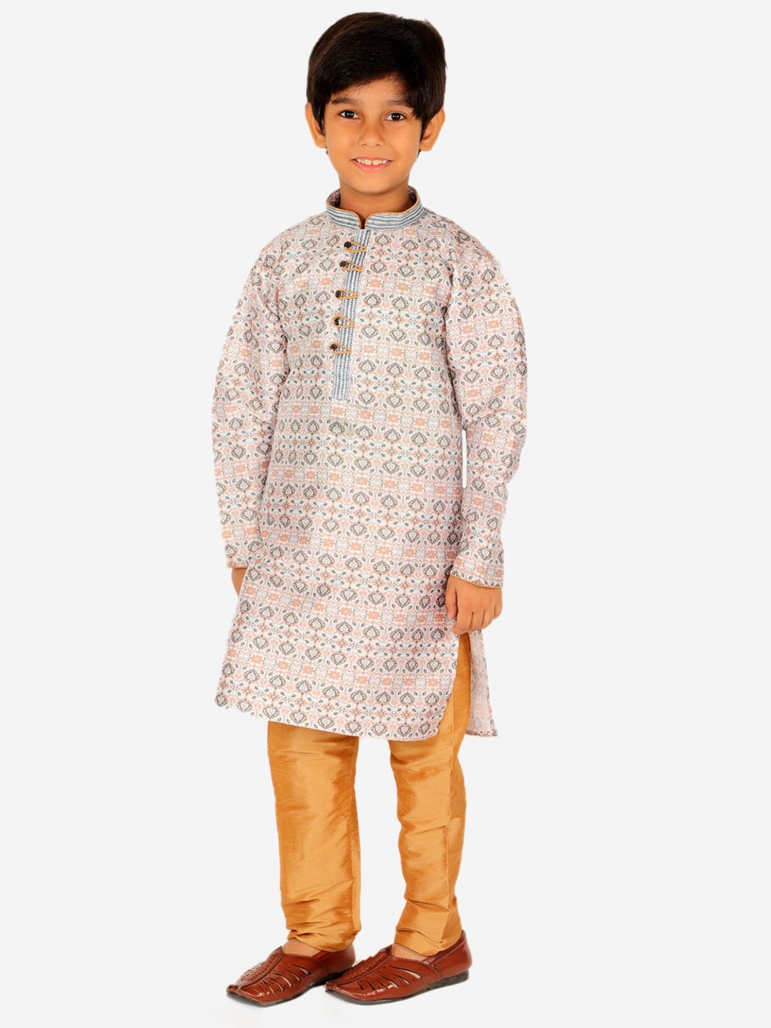 Pro-Ethic Style Developer Kids White & Beige Floral Print Full Sleeves Kurta with Pyjamas