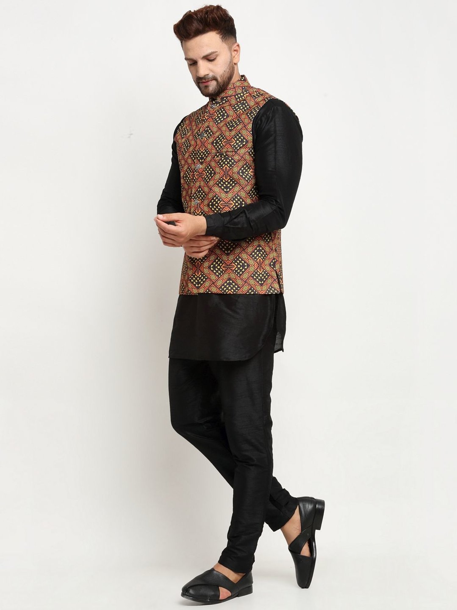 Benstoke Brown Regular Fit Chevron Kurta Set With Jacket