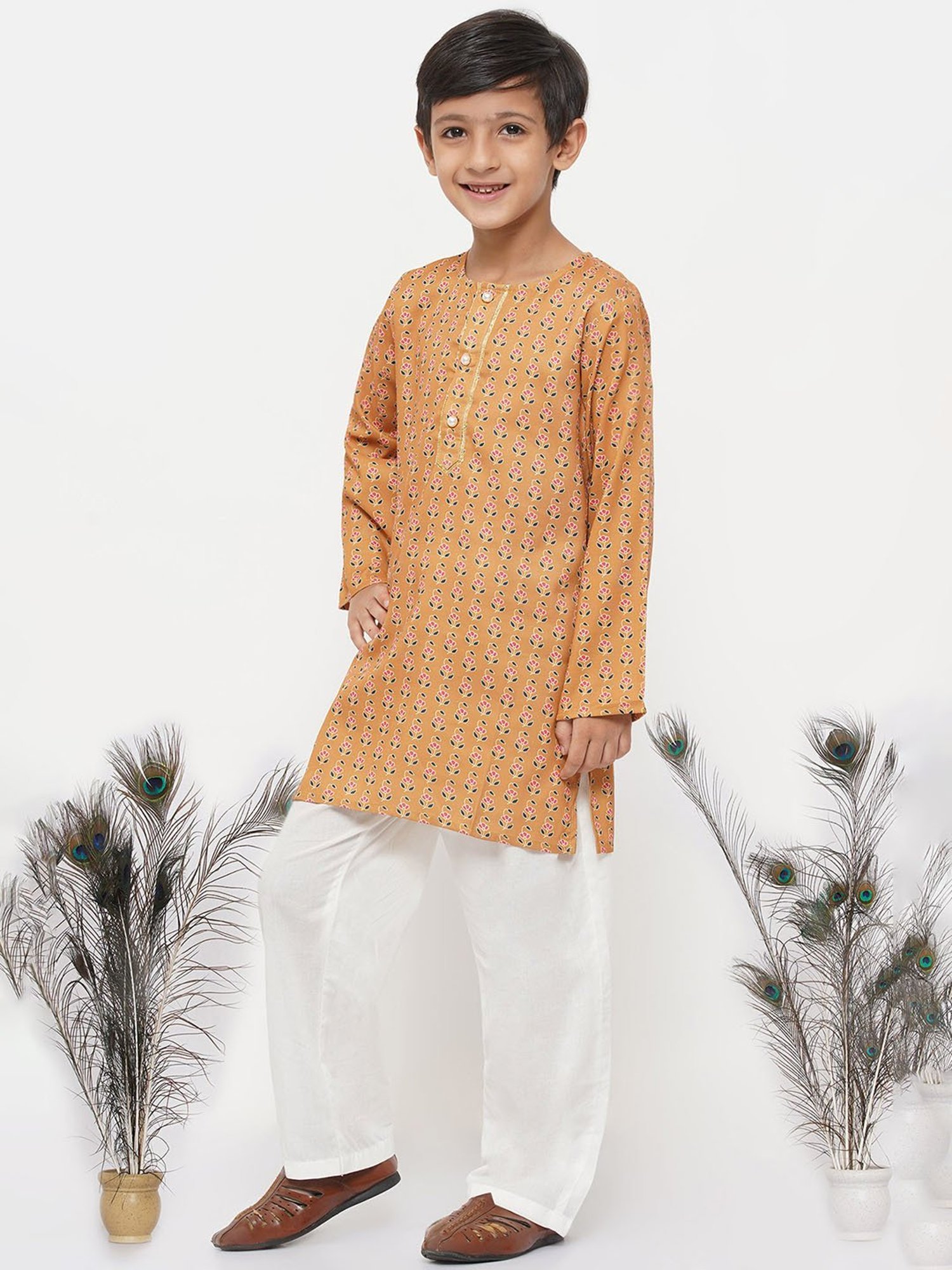 Little Bansi Orange & White Floral 1 Kurta + 1 Pyjamas