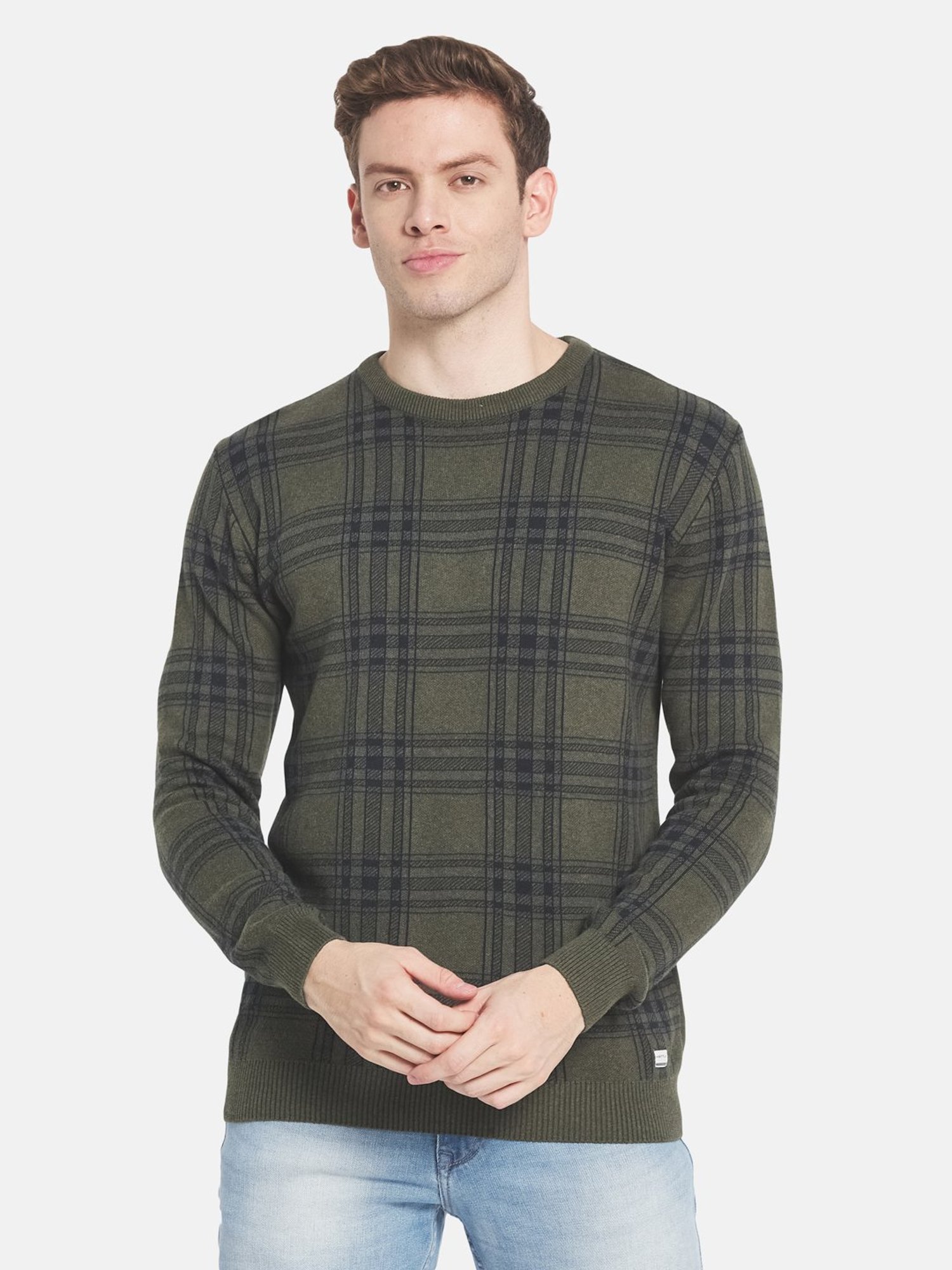 Mettle Olive Cotton Regular Fit Checks Sweater