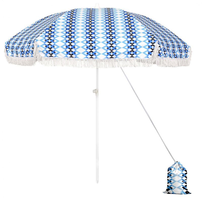 Astella  6.5 Ft. Fiberglass Beach Umbrella W/ Carry Bag - White Frame / Azure Braid Canopy NOVA656C-P5-205-FRINGE