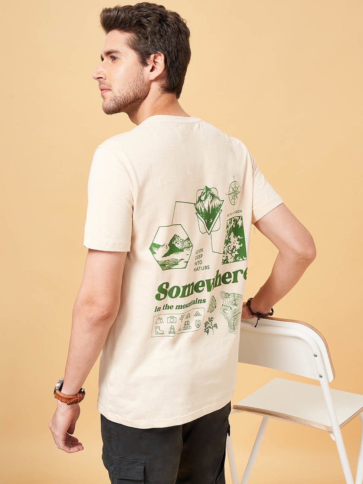 Urban Ranger by Pantaloons Beige Cotton Slim Fit Printed T-Shirt