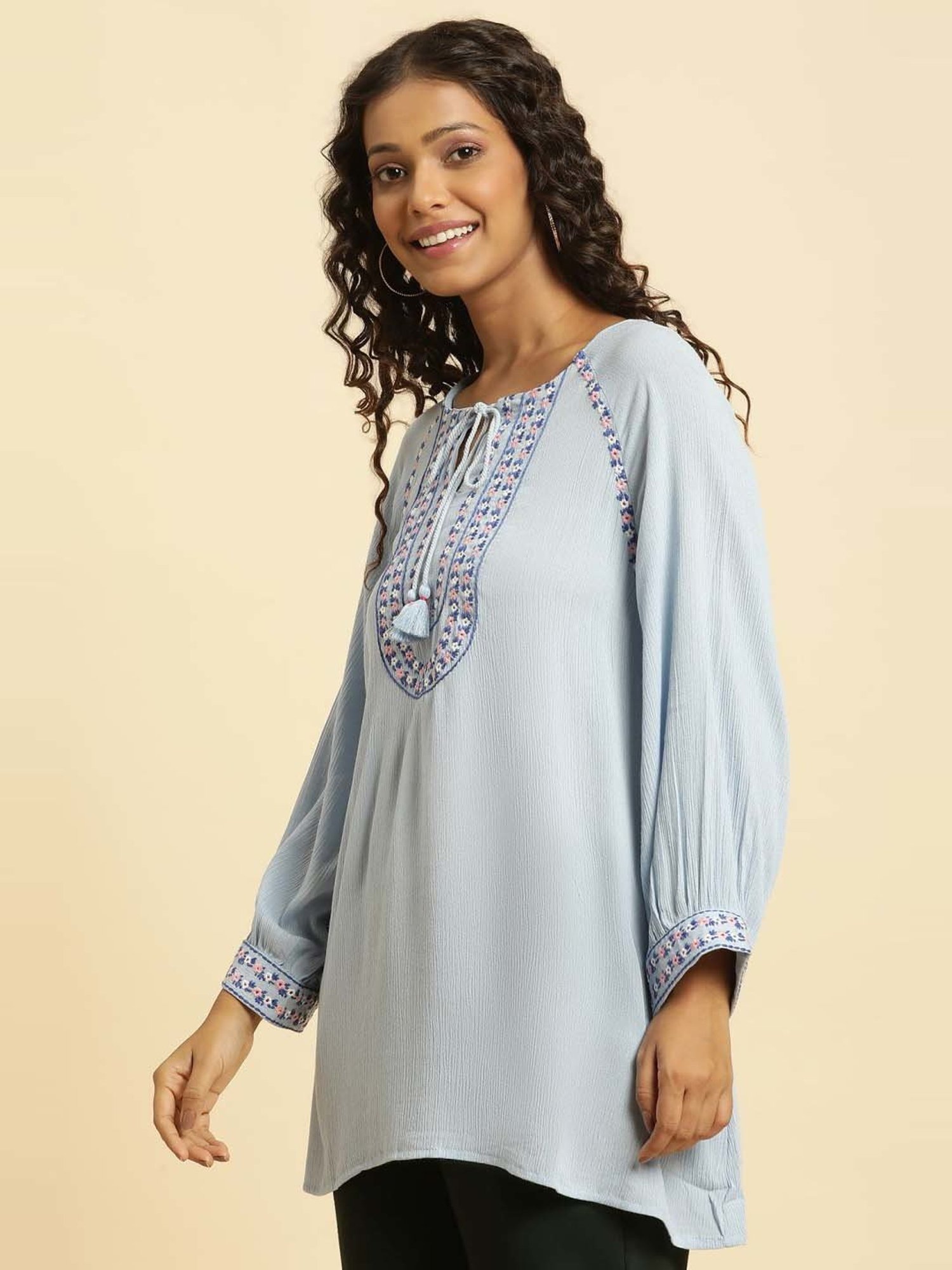 W Blue Embroidered Top