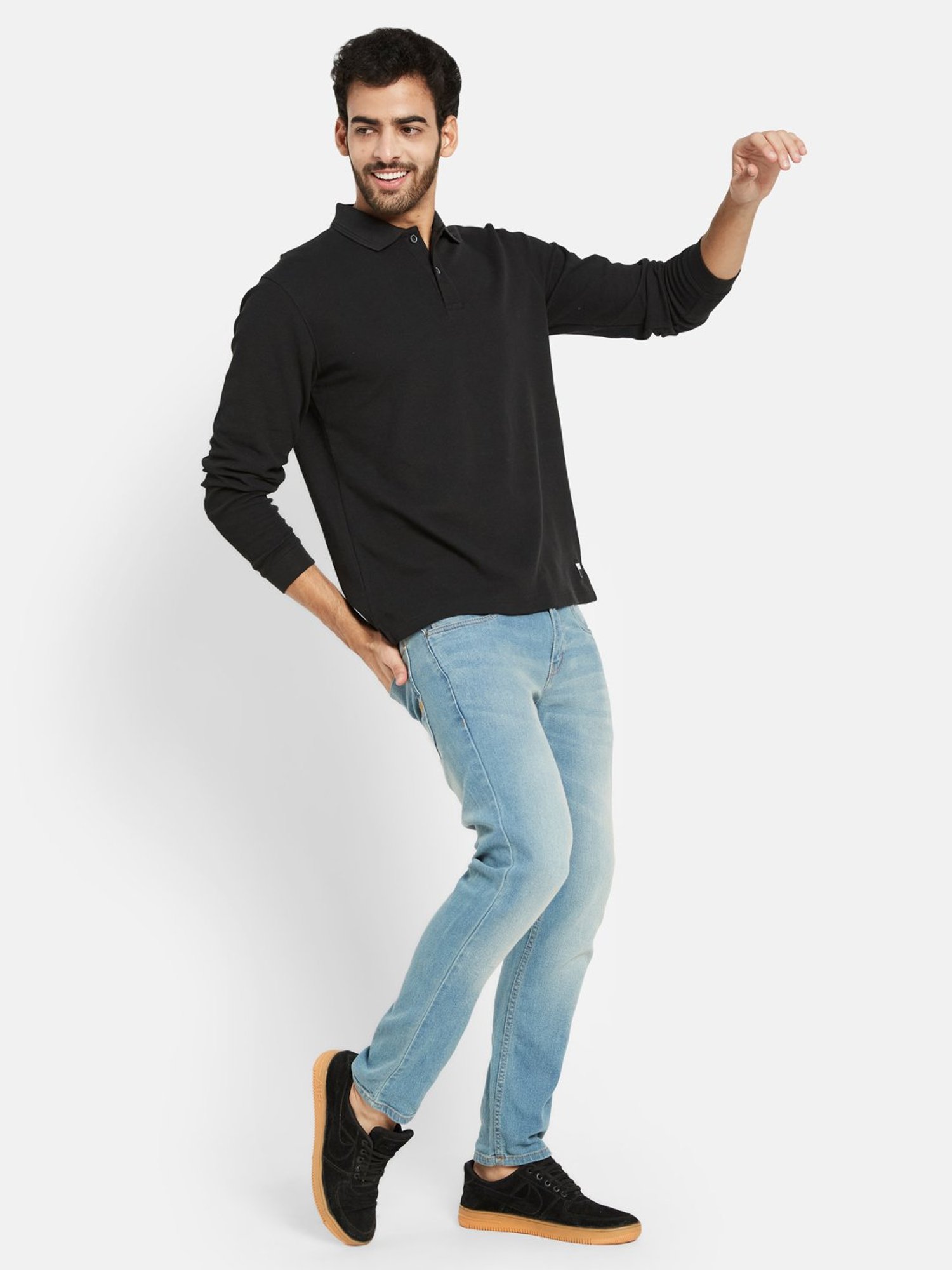 METTLE Black Regular Fit Textured Polo T-Shirt