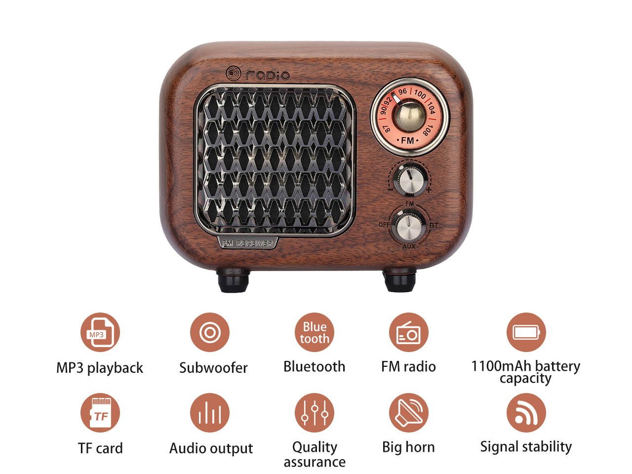 Vintage Radio Retro Bluetooth Speaker- Greadio Walnut Wooden FM Radio with Old Fashioned Classic Style, Strong Bass Enhancement, Loud Volume, Bluetooth 4.2 Wireless Connection, TF Card & MP3 Player