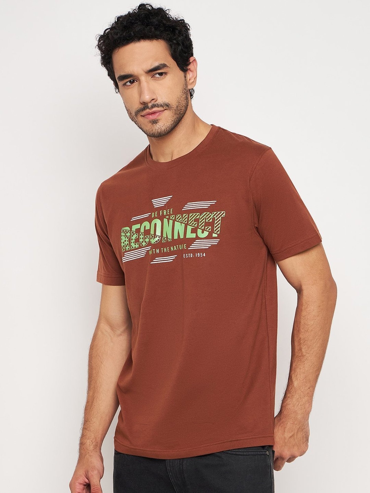 Club York Brown Cotton Regular Fit Printed T-Shirt