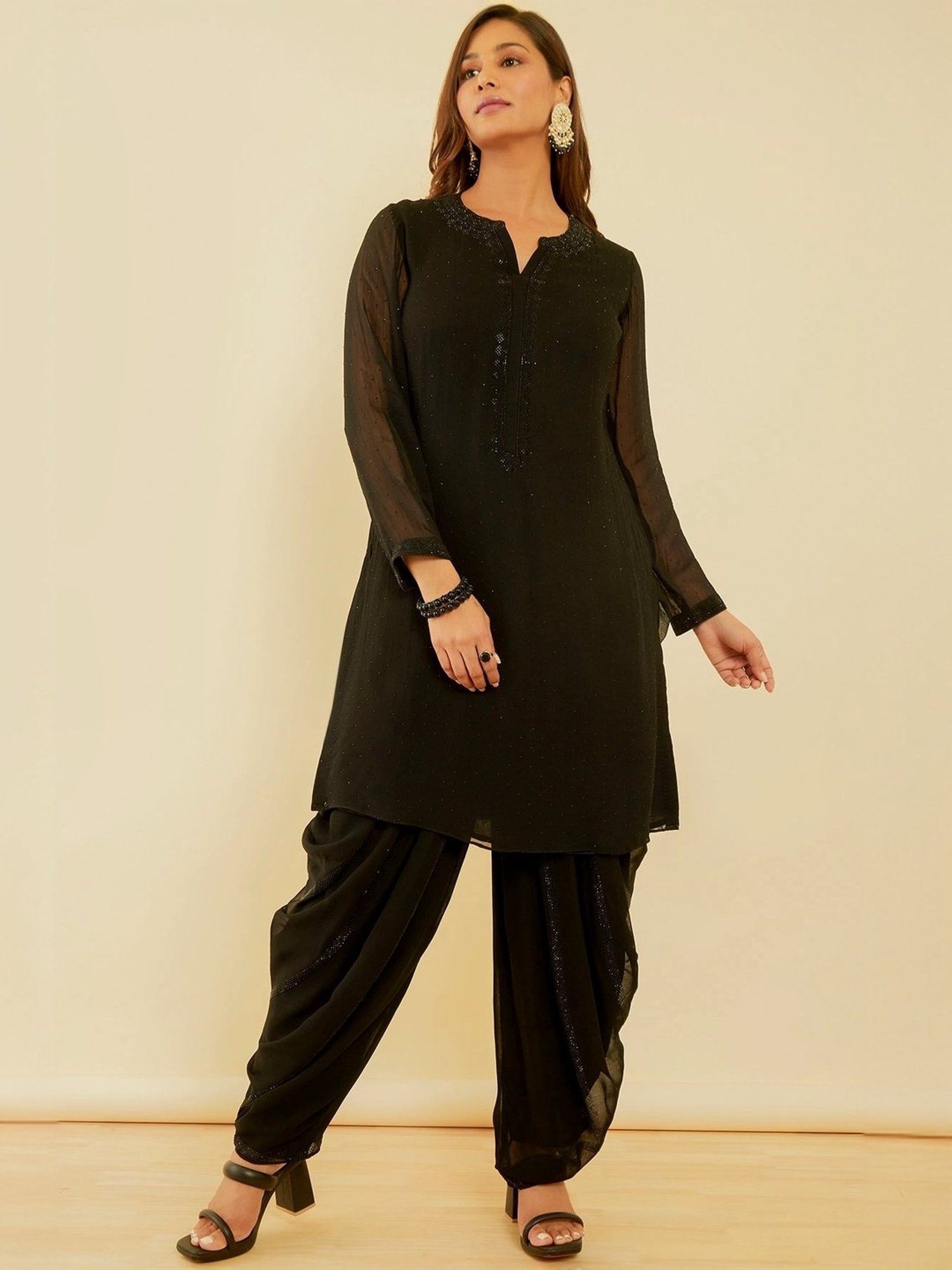 Soch Coal Black Embellished Kurti Dhoti Pant Set With Dupatta