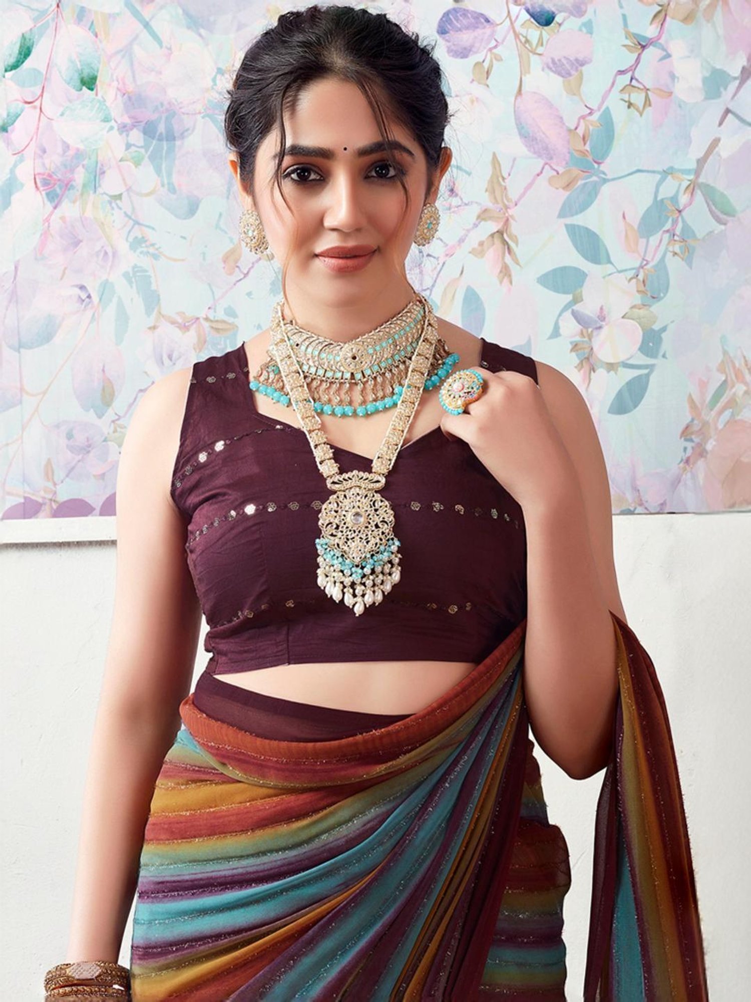 Satrani Brown & Blue Striped Saree With Unstitched Blouse