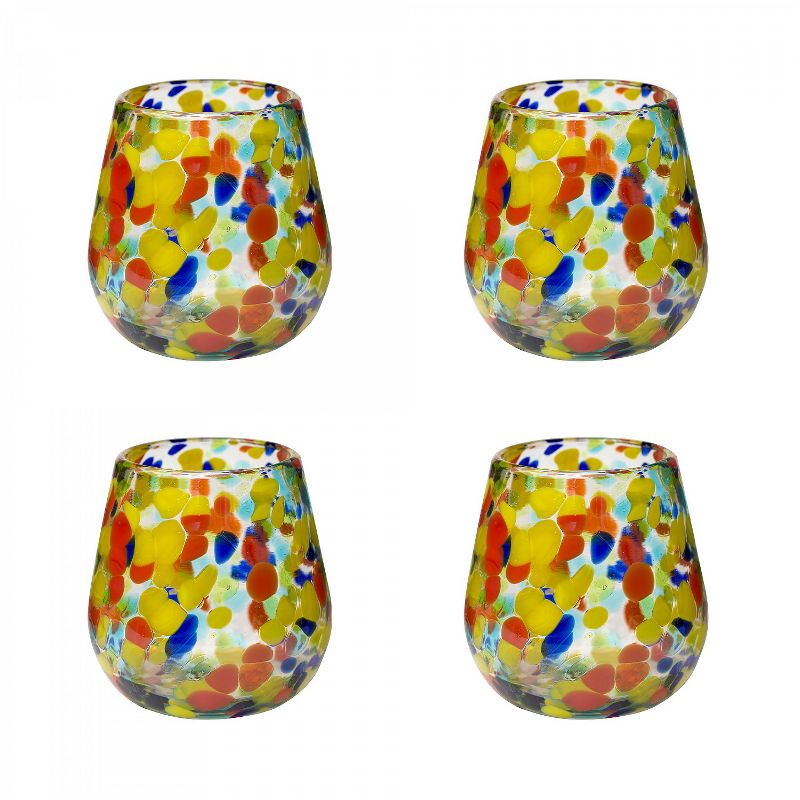 Amici Home Authentic Mexican Handmade Carnaval Stemless Wine Glass, 16oz, Assorted Set of 4
