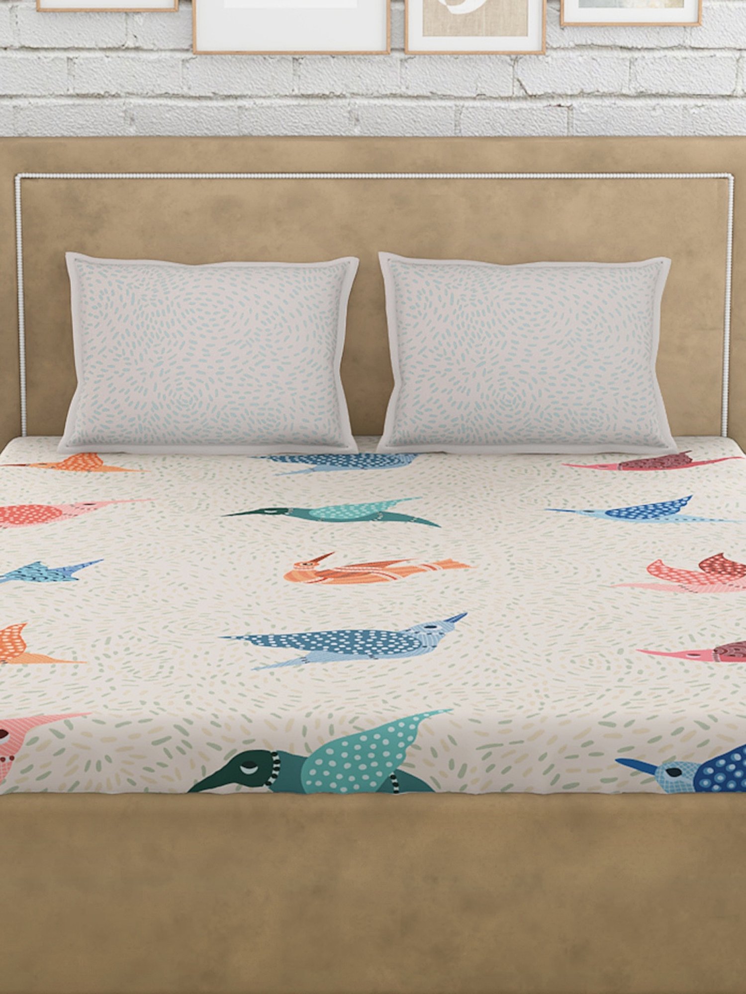 Petal Home Gondi Bird White Cotton 300 TC Bedsheet