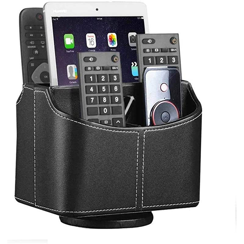 Control Holder 360 Degrees Rotatable Desk Stationery Supply Organizer PU Leather Desktop Storage Box for Controllers Media Bedside Spinning TV Caddy E-reader iPad Mobile Pencil Cosmetic(Black)