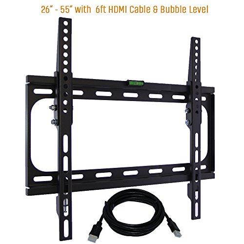 Tilt TV Wall Mount Bracket Fits 26-55" TV's 400x400 VESA Low Profile Ultra Slim including Bubble Level & 6ft. HDMI Cable &-(Black)- KORAMZI KWM989T