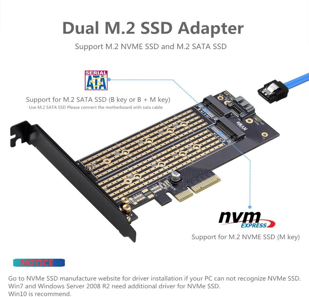 Dual M.2 PCIE Adapter for SATA or PCIE NVMe SSD with Advanced Heat Sink Solution,M.2 SSD NVME (m Key) and SATA (b Key) 22110 2280 2260 2242 2230to PCI-e 3.0 x 4 Host Controller Expansion Card