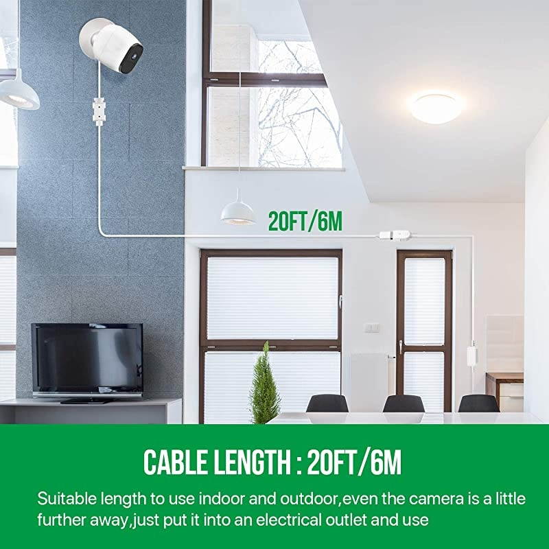 Power Adapter Compatible with Arlo Replace CR123A Weatherproof Outdoor 20 ft 6 m Power Cable Continuously Operate Your Arlo Camera Not Compatible with Arlo Pro and Arlo 2 2 White