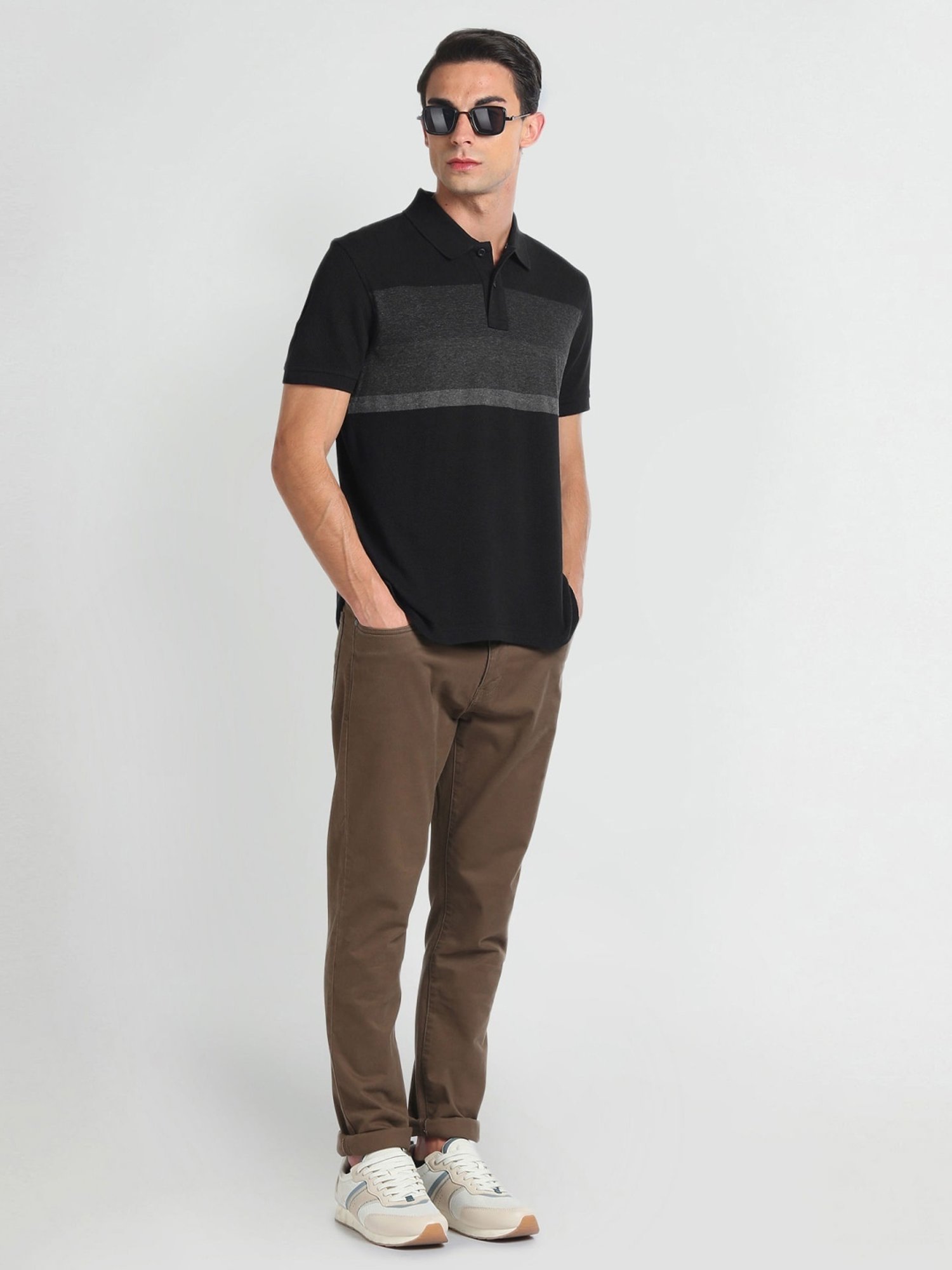 Arrow Sports Black Cotton Regular Fit Colour Block Polo T-Shirt