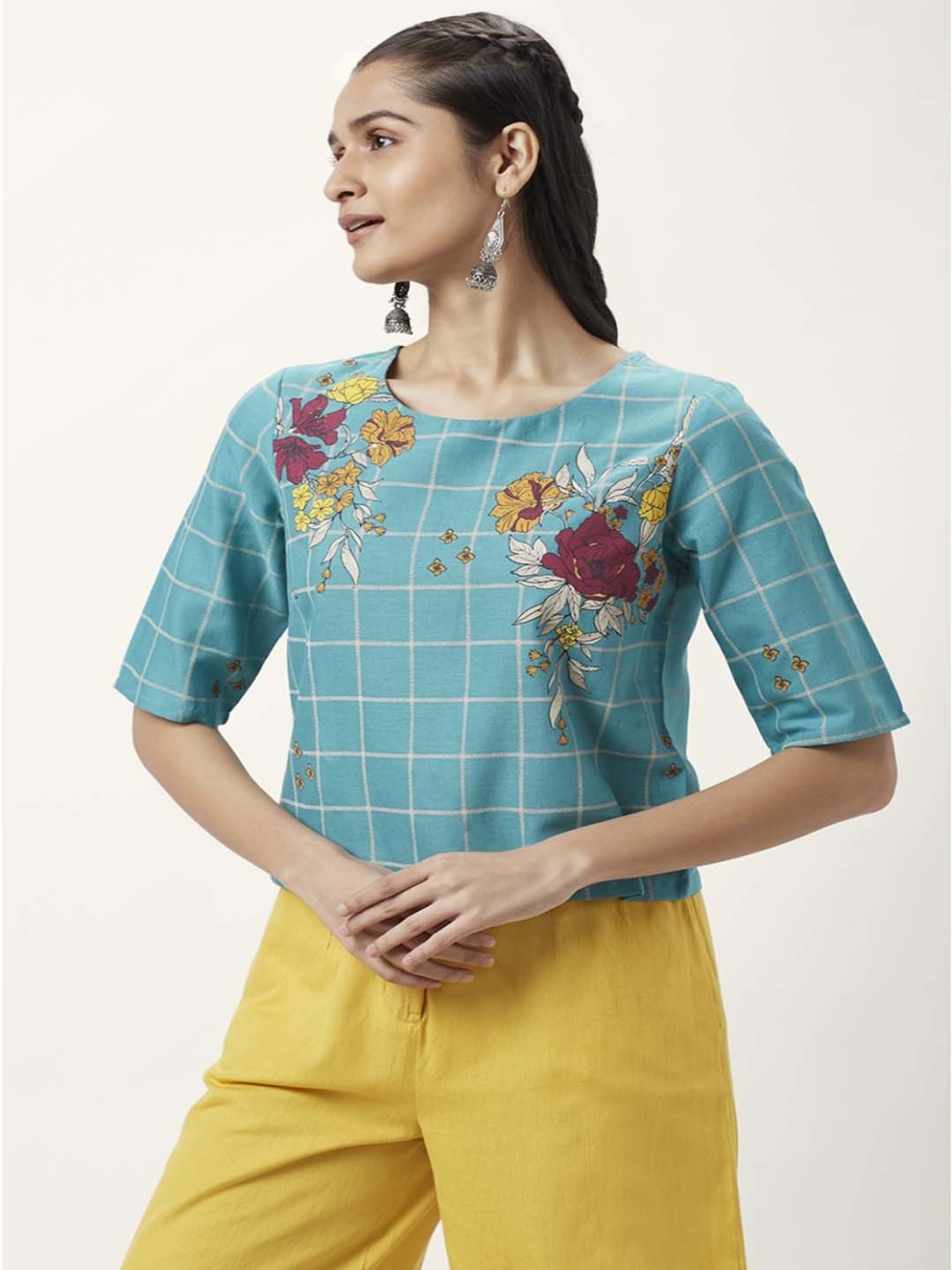 Akkriti by Pantaloons Blue Cotton Floral Print Top