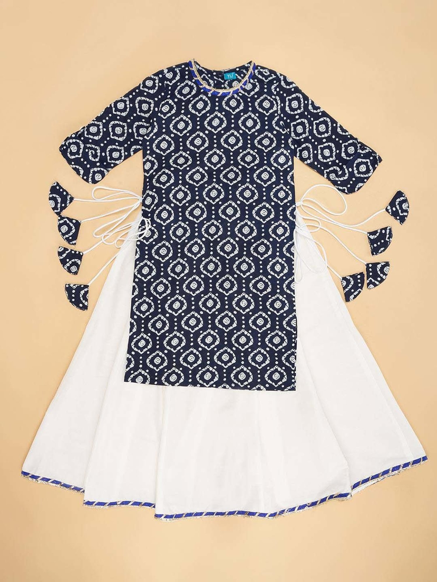 YU by Pantaloons Kids Navy & White Cotton Printed Kurta Set