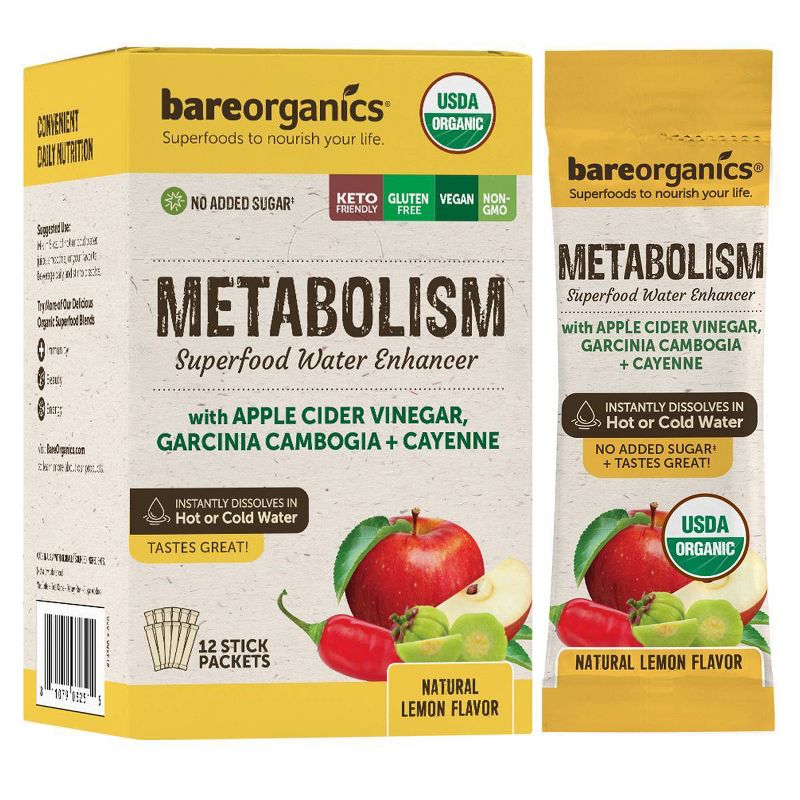 BareOrganics Superfood Water Enhancer Metabolism Blend Powder Packets - 12ct