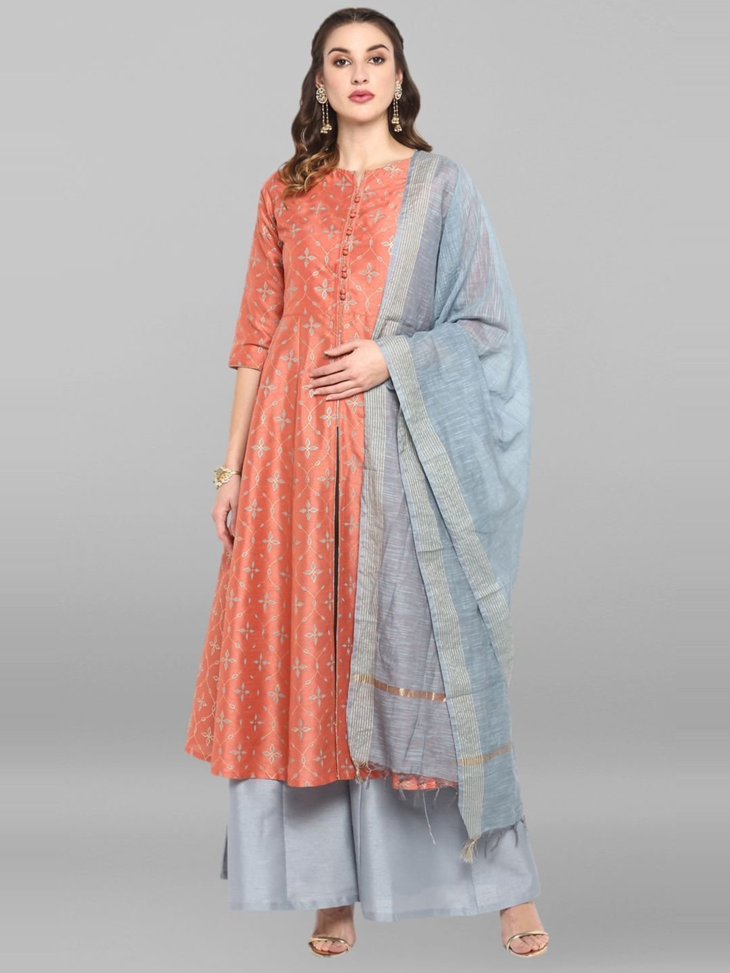 Janasya Peach & Grey Printed Kurta Palazzo Set With Dupatta