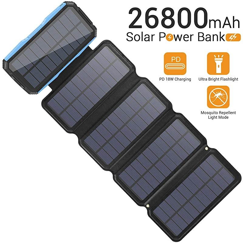 Charger 26800mAh, Portable 5 Panel 7.5W High Efficiency Power Bank with Ultra Bright 60-LED Panel Light and Flashlights, PD 18W Fast Charger External Battery Pack (Blue)