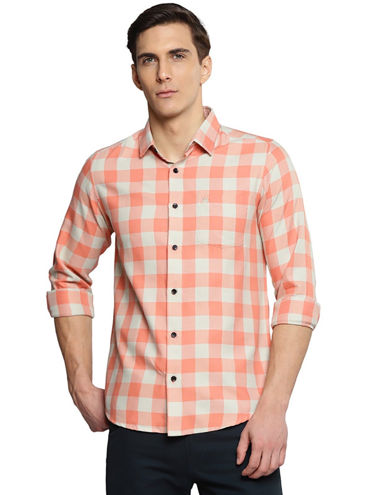 Allen Cooper Orange & Beige Regular Fit Check Shirt