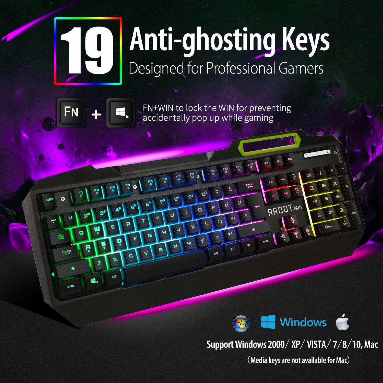 Gaming Keyboard, Anti-Ghosting Multimedia RGB LED Backlit (with Voice Control), 104 Key USB Wired Spill-Resistant Aluminum Alloy Metal Panel for Gaming and Typing by Lumsburry RROOT (Cool Black)