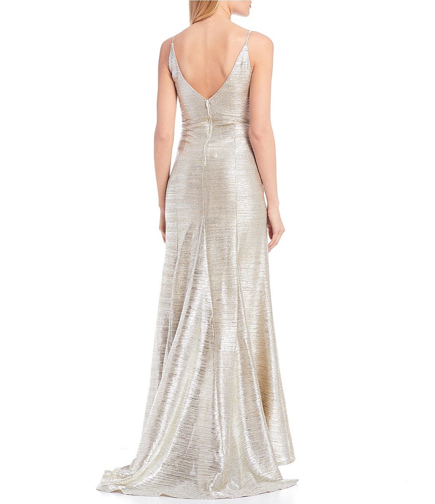 Dear Moon Spaghetti Strap Side Slit Metallic Long Dress