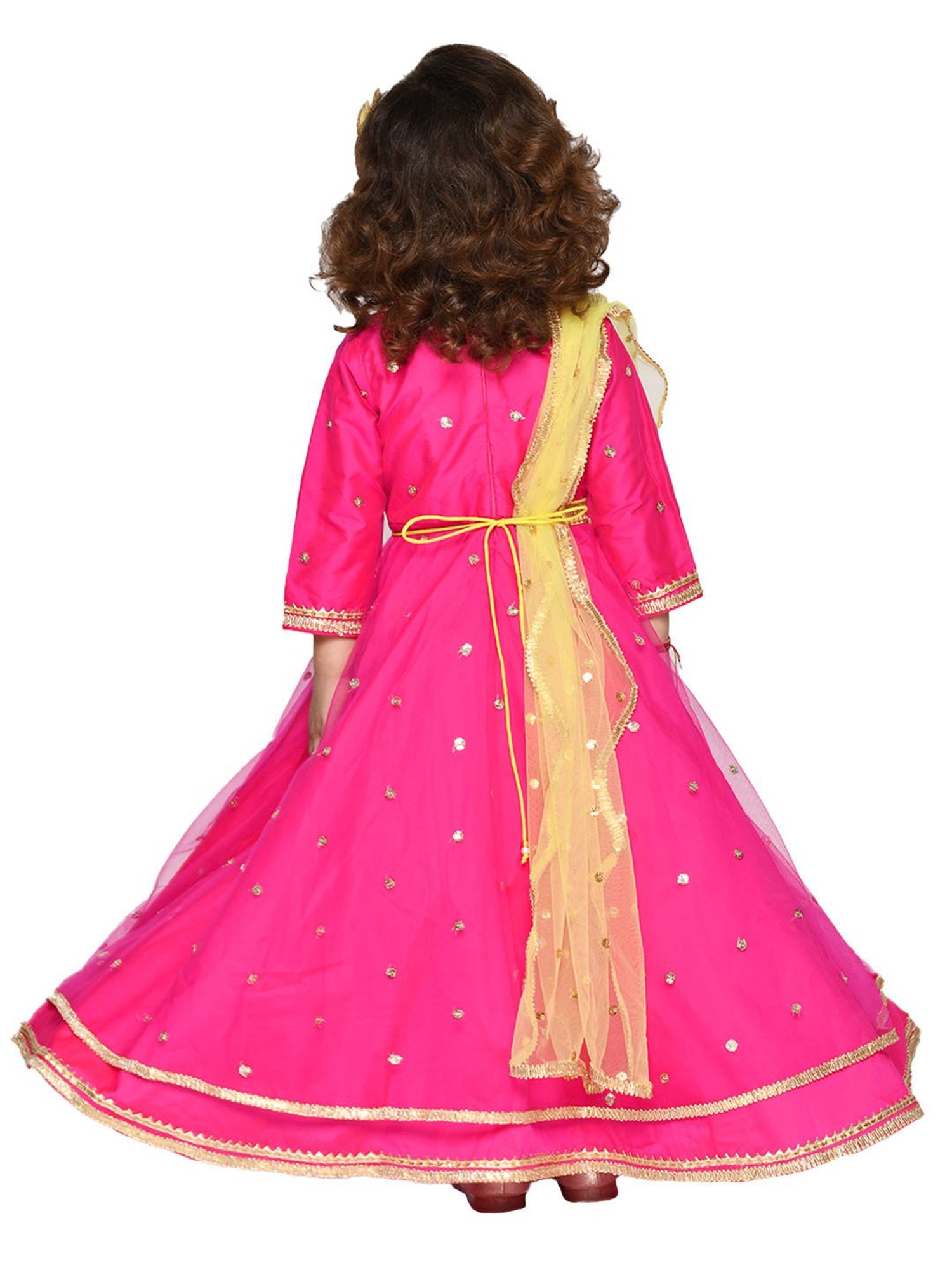 Saka Designs Kids Pink & Yellow Embellished Gown with Attached Dupatta & Belt
