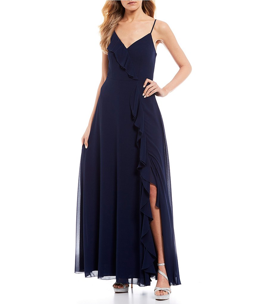 Teeze Me Spaghetti Strap Side Slit Ruffle Draped Long Dress