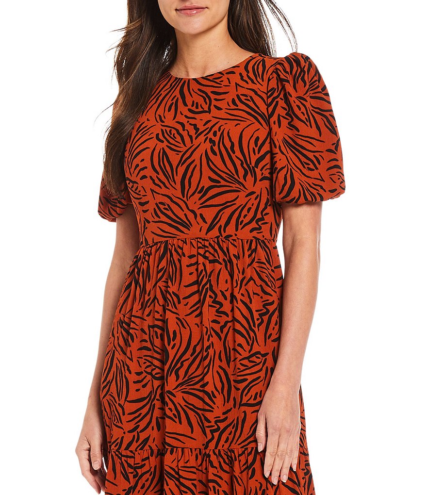 Eliza J Printed Tiered Midi Crew Neck Balloon Short Sleeve Dress