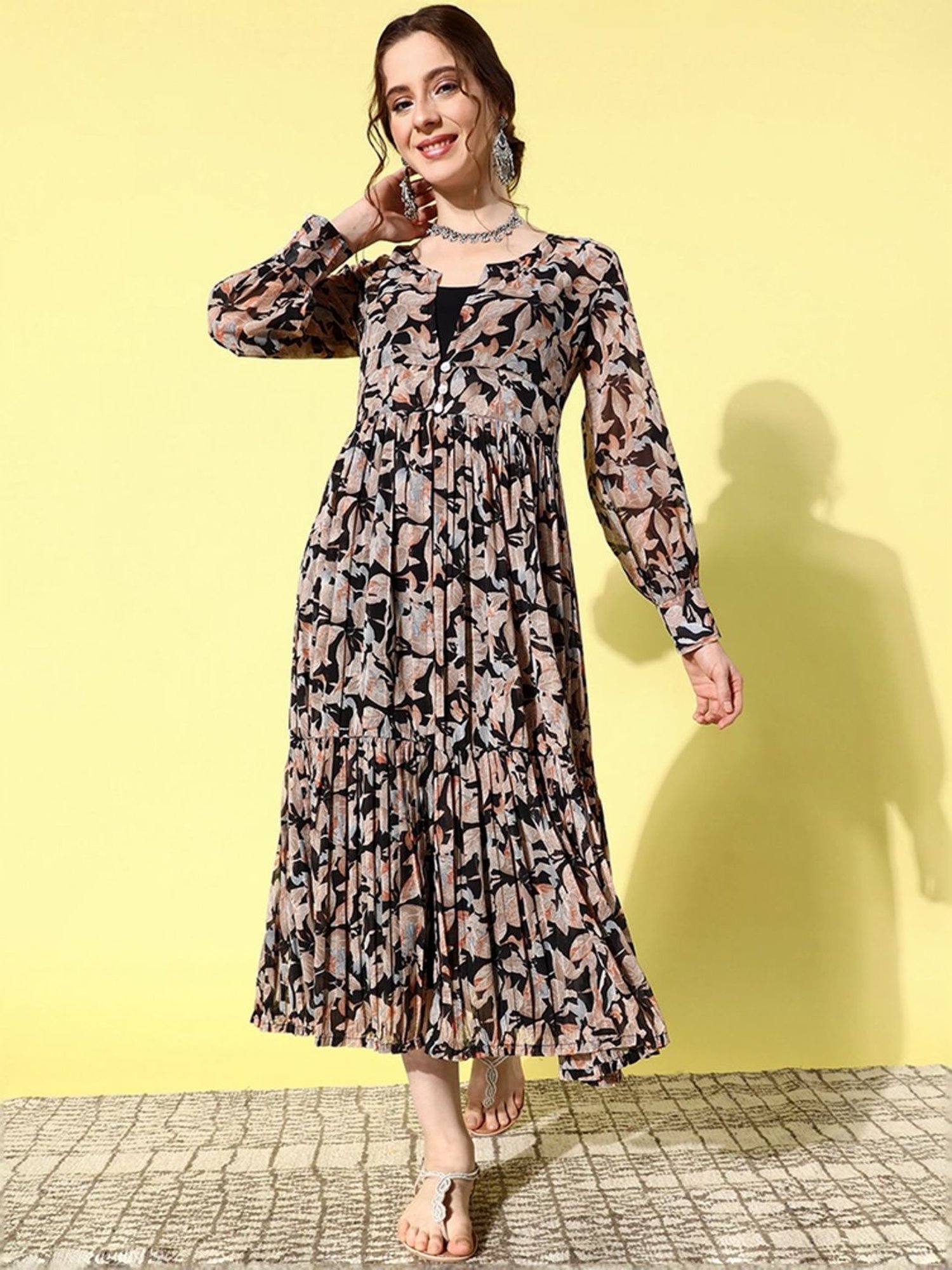 Saffron Threads Black Cotton Floral Print Ethnic Dress