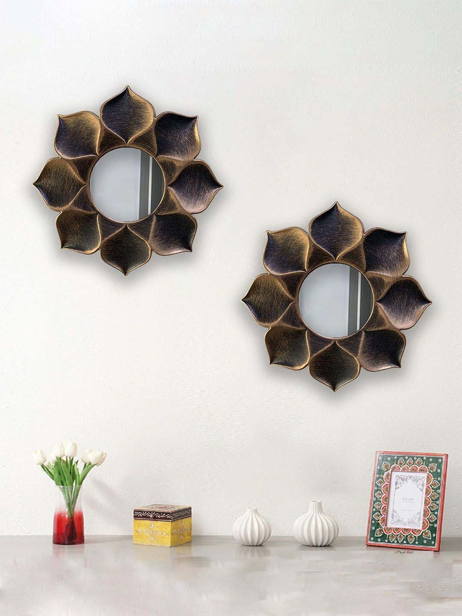 Art Street Brown Plastic Lotus Petal Decorative Wall Mirror - Set of 2