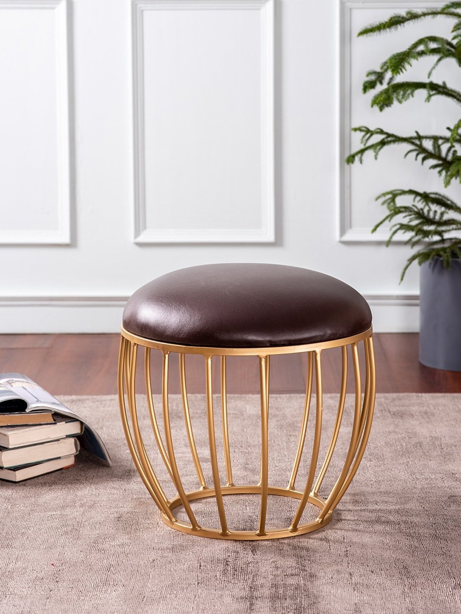 Chumbak French Sahara Solid Mustard Yellow Wood Ottoman