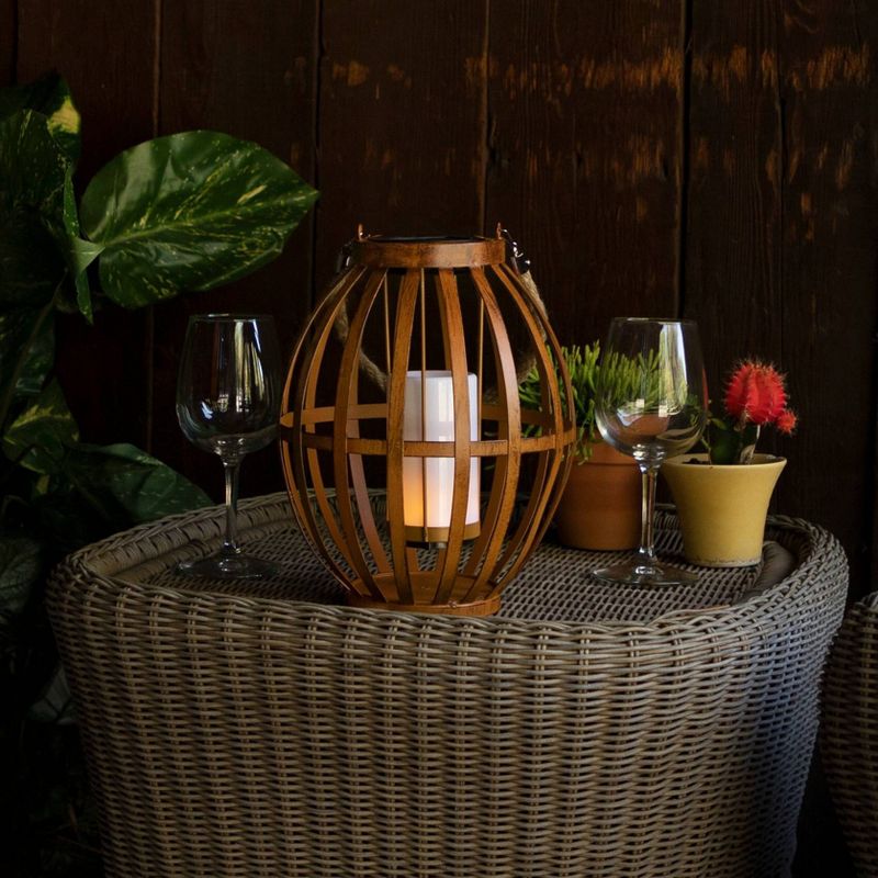 Alpine 10" Solar Metal Lantern with Flickering LED Light Brown