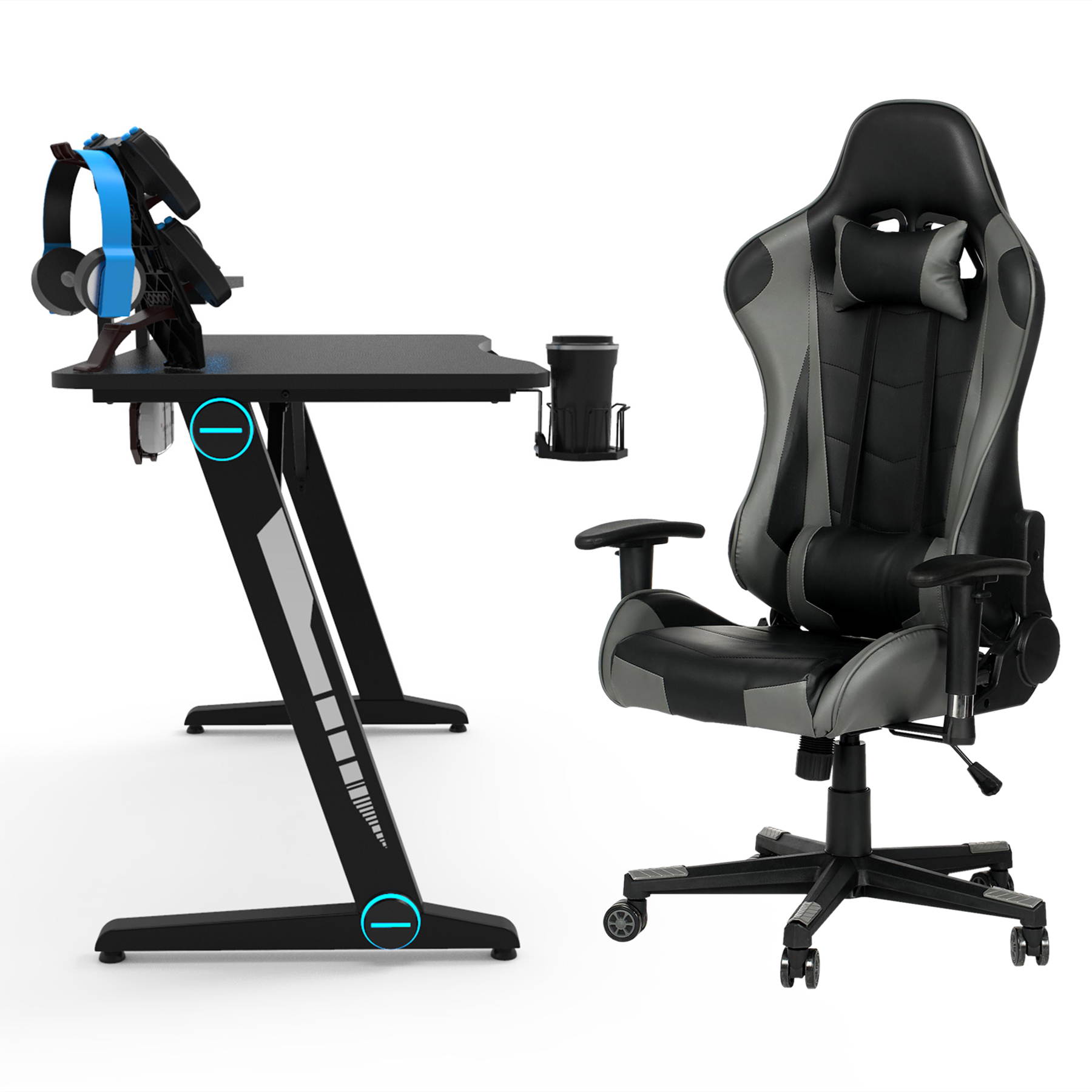 47.2 Inch Z-Shaped Gaming Desk with Adjusted Reclining Ergonomic PU Leather Chair Home Office Desk and Chair Set Gamer Workstation with Monitor Stand Carbon Fiber Surface Gamer Table with RGB Lights
