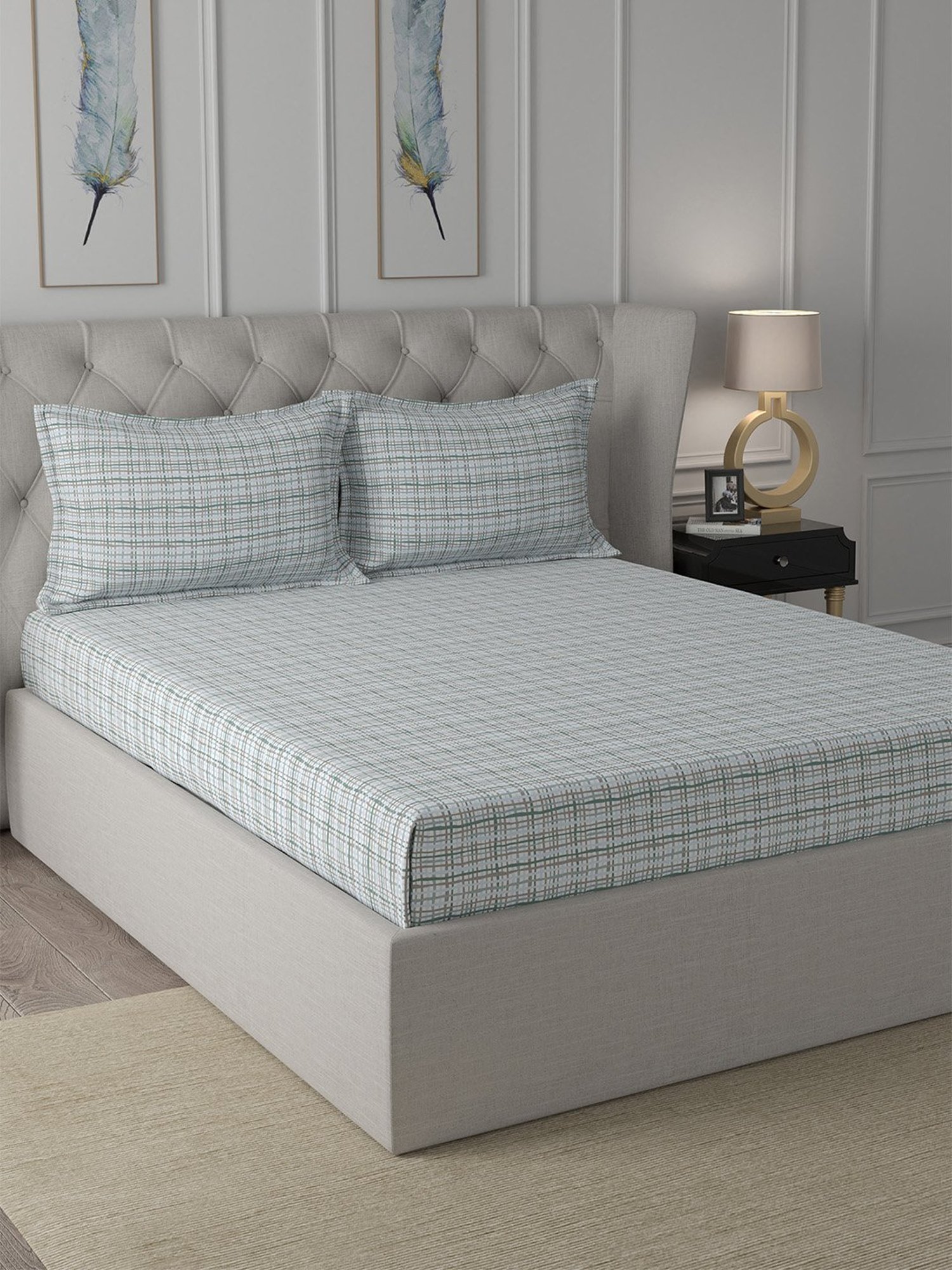 In-House by Maspar Blue 200 TC Cotton Printed Bed Sheet with 2 Pillow Cover