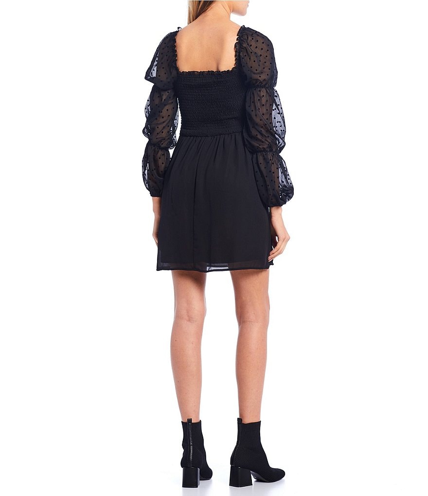 Allison & Kelly Balloon-Sleeve Flocked Dot Smocked Bodice Dress