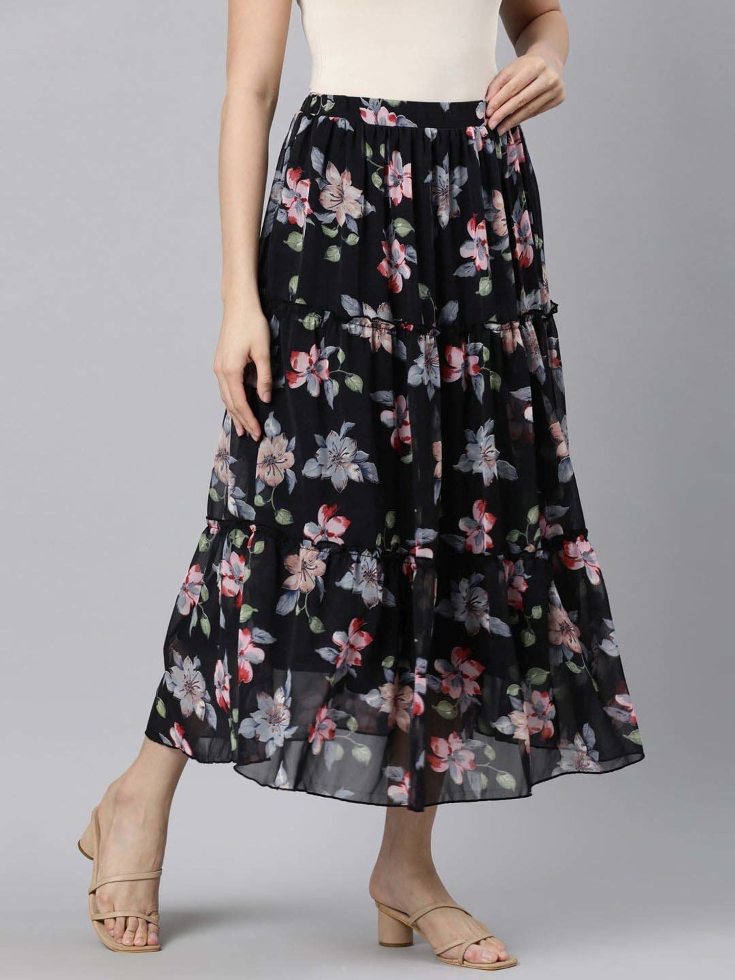 TWIN BIRDS Black Floral Print A-Line Skirt