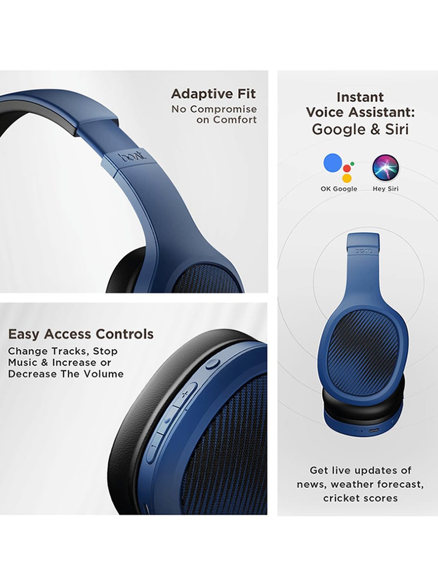 Boat Rockerz 460 Wireless Over Ear Headphones with Up to 30hrs Playtime (Blue)