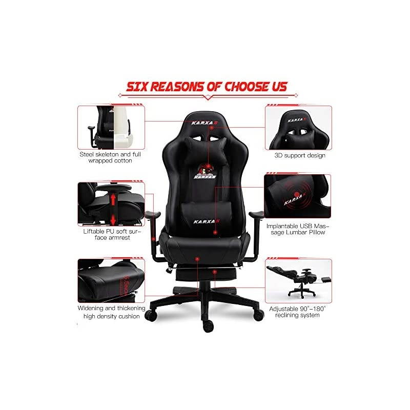 Adjustable Gaming Chair - Upgrade Office Mute Gaming Chair PC with Footrest and Lumbar Pillow Support Massage Comfortable High-Back PU Leather Computer Seat for Adults (Black)