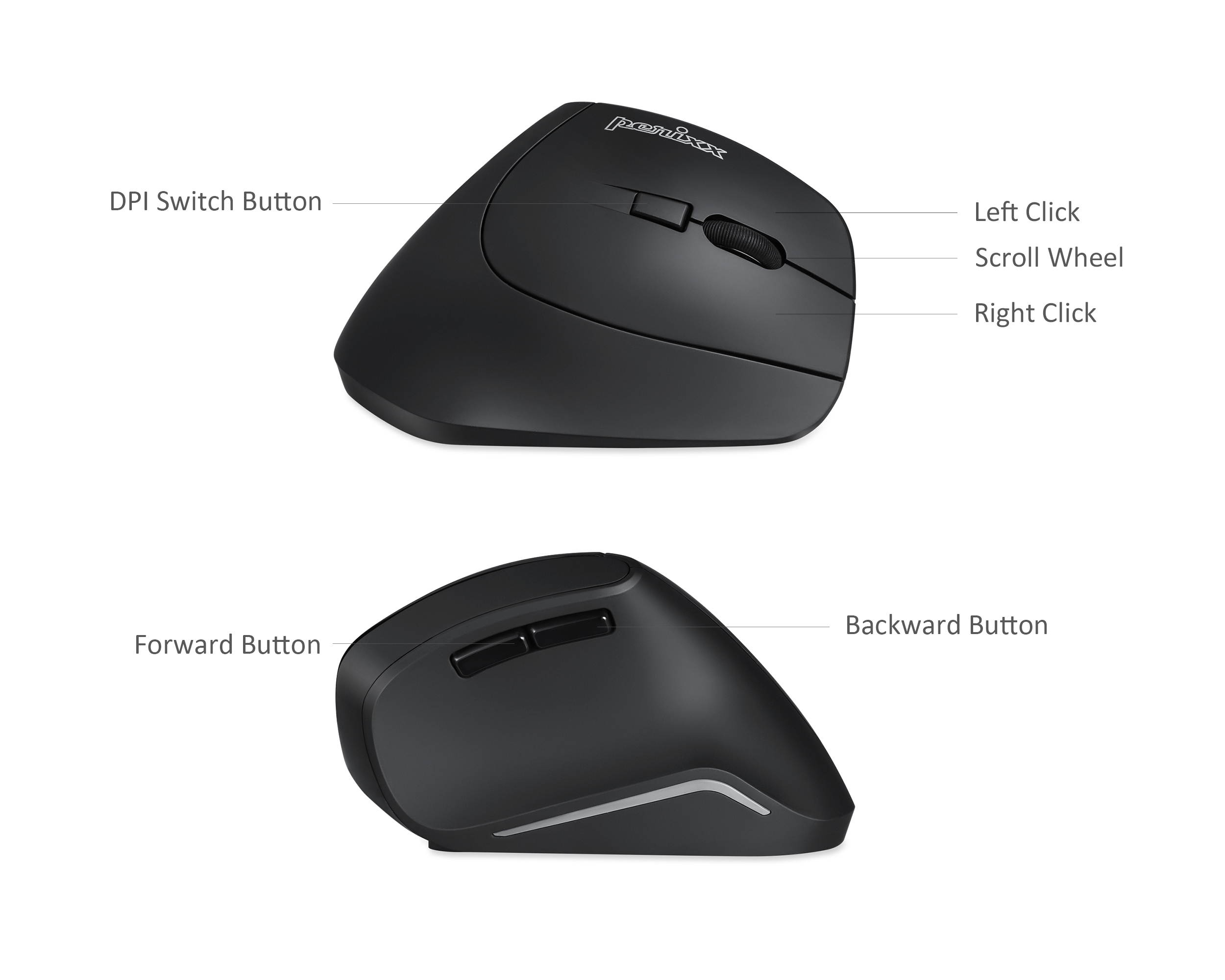Perixx PERIMICE-804 Ergonomic Bluetooth 3.0 Wireless Vertical Optical Mouse - 6 Buttons, 3 Adjustable (800/1200/1600) DPI - for Windows, Android Tablet and PC - Right Handed - Black -AES 128 bit