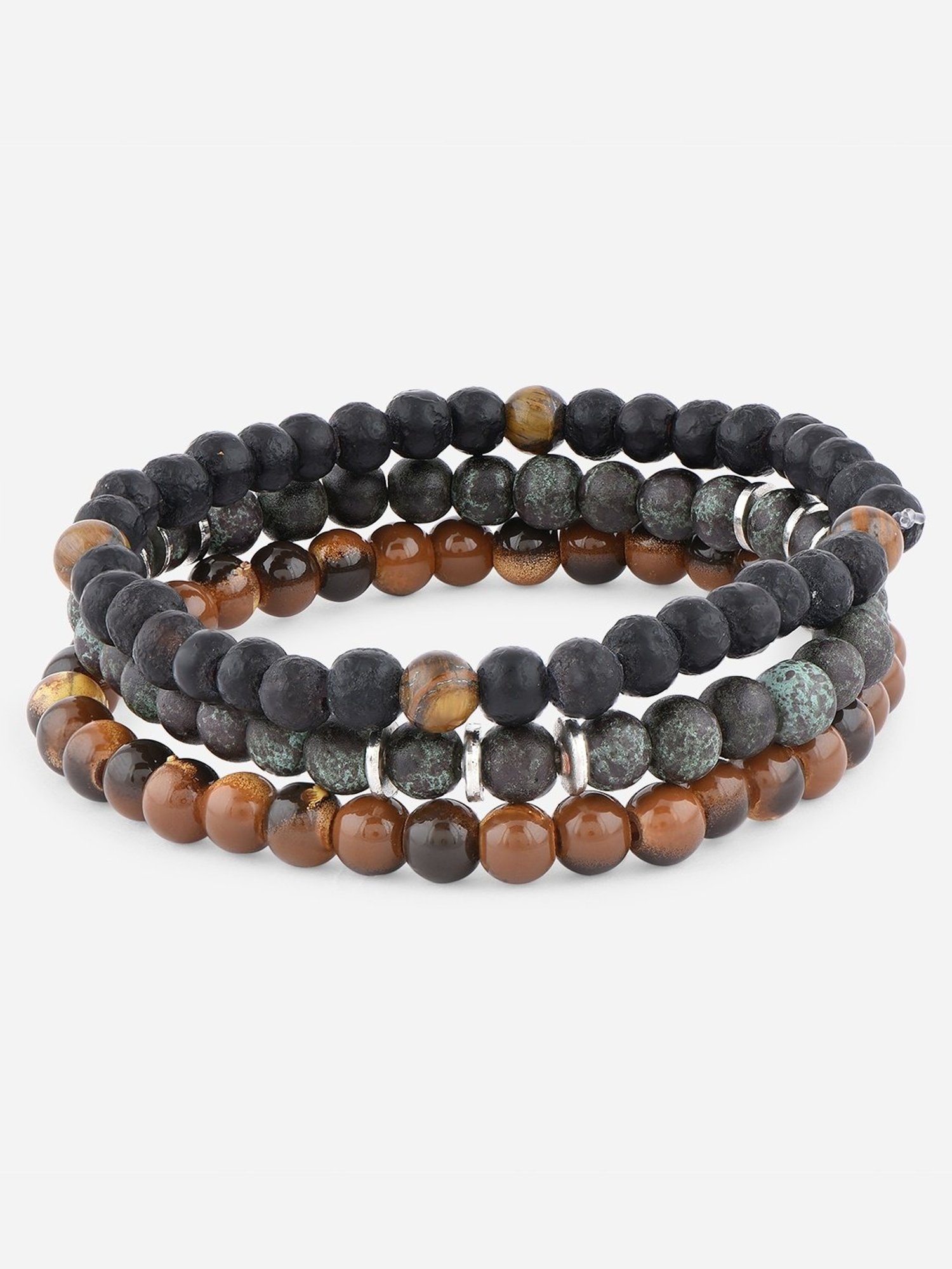 The Bro Code Green & Brown Multi Beads Stretchy Elastic Bracelet for Men - Set of 3
