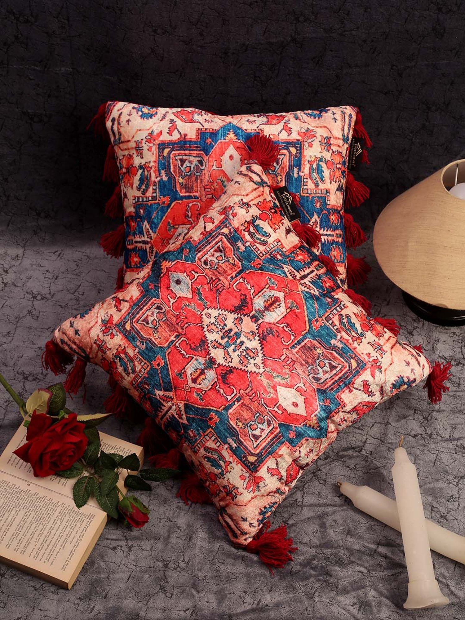 Swayam Red & White Cotton 60 cm x 60 cm Cushion Covers - Set of 5