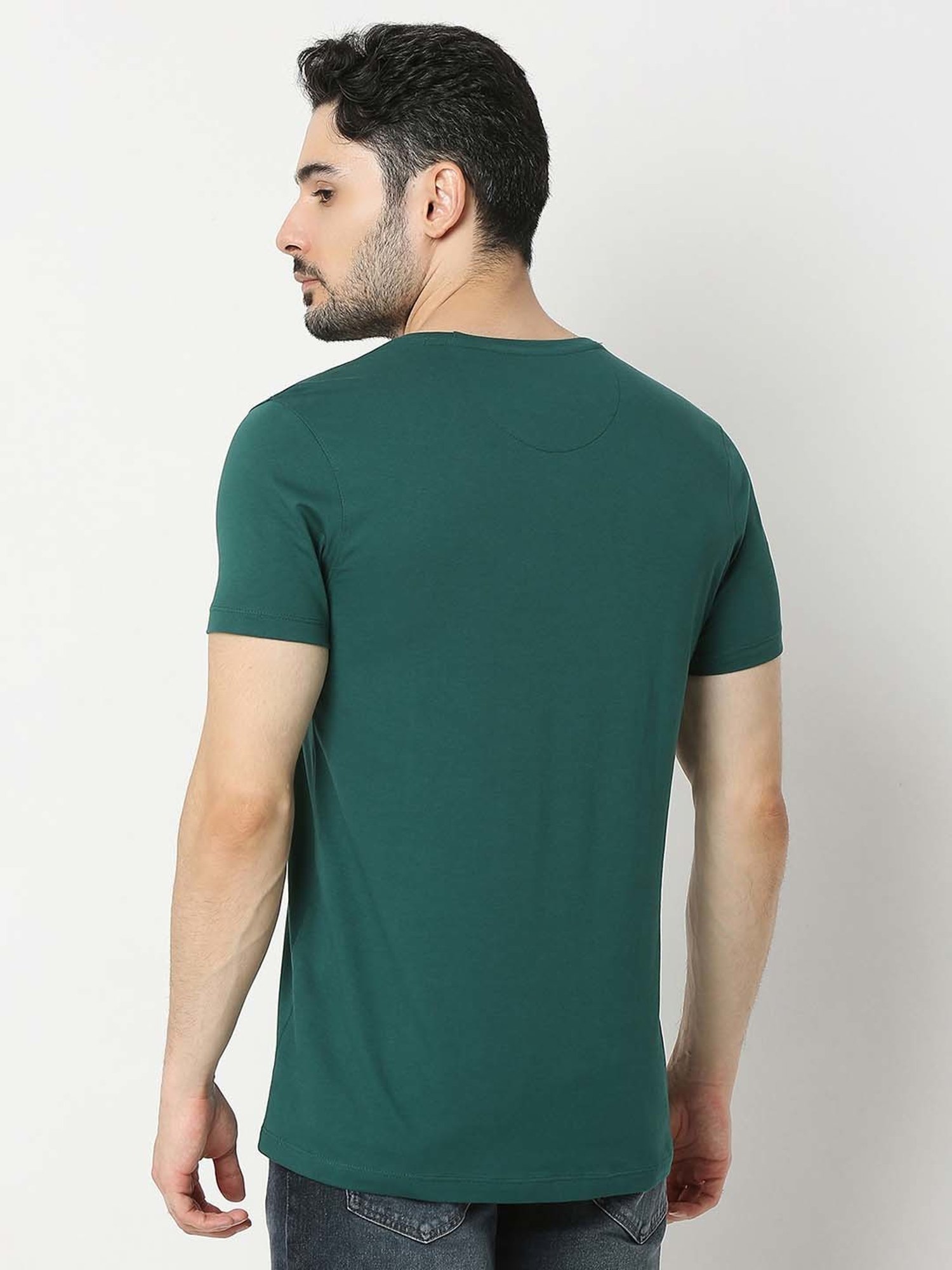 UnderJeans by Spykar Green Regular Fit Logo Print Cotton Crew T-Shirt