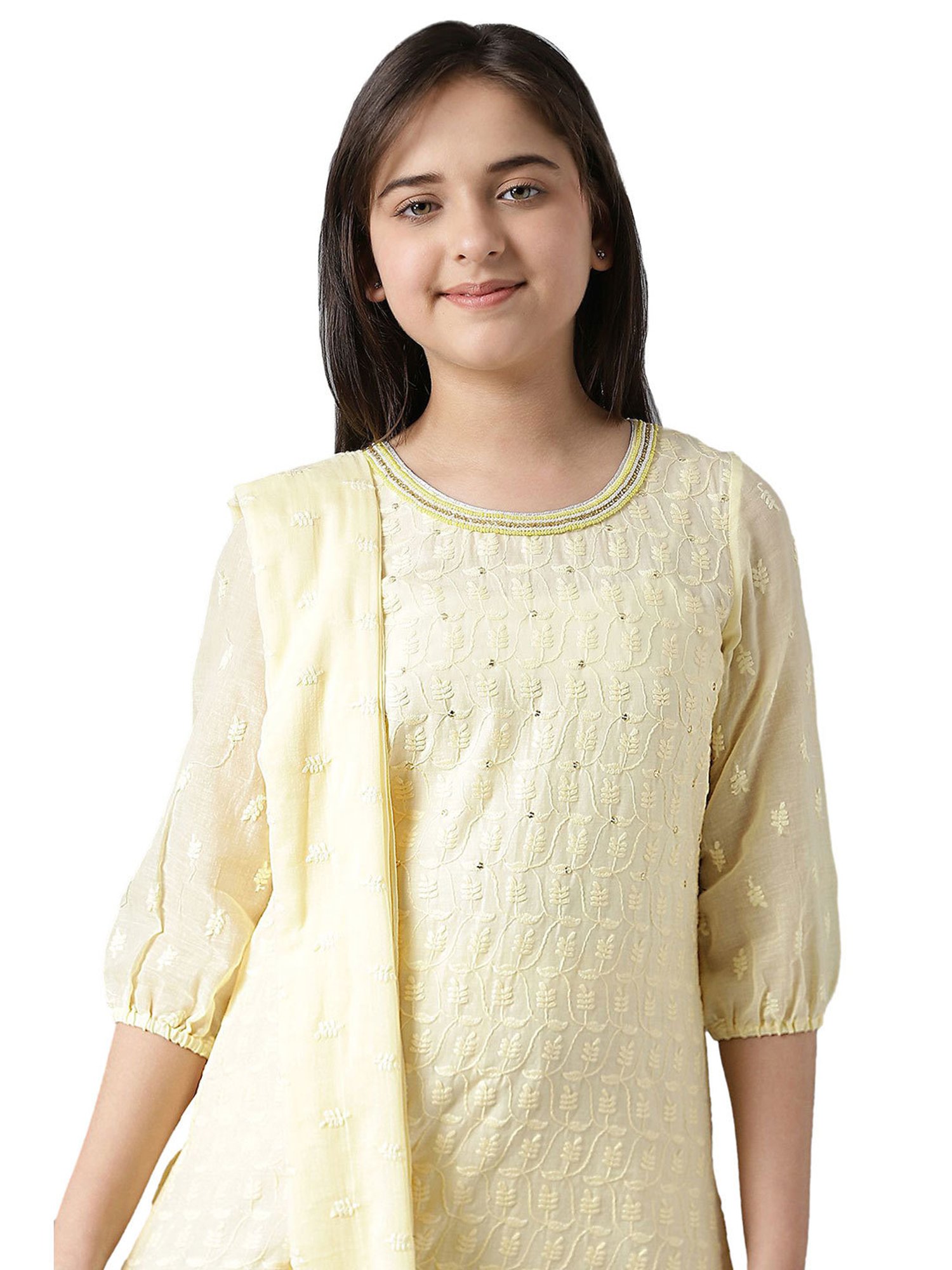 Aurelia Kids Light Yellow Embroidered Kurta with Palazzos & Dupatta