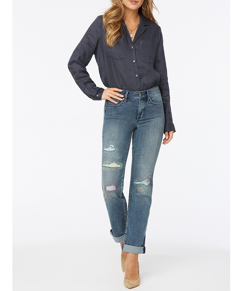 NYDJ Marilyn Destruction Detail Straight Leg Roll-Cuff Jeans