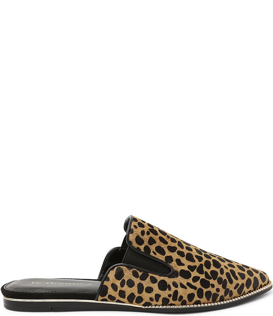 BCBGeneration Lanni Cheetah Print Chain Detail Calf Hair Mules